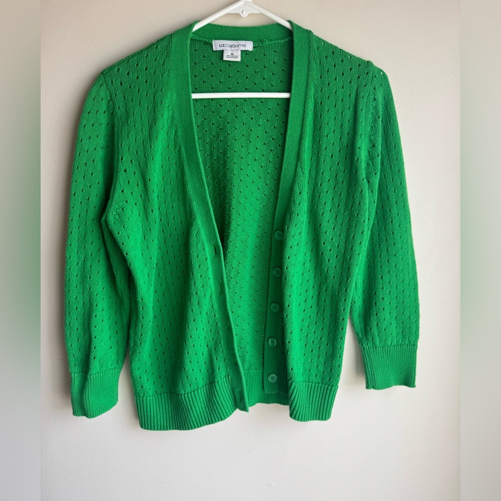 Liz Claiborne Vibrant Green Cardigan 100% Cotton Size Medium